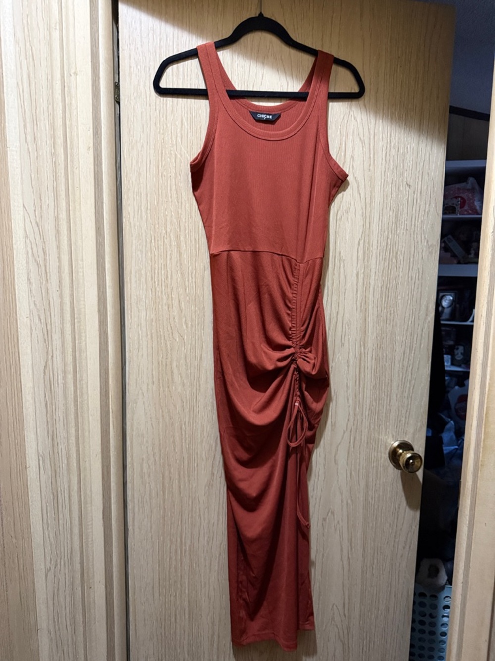 Sleeveless Rust Ruched Midi Dress
